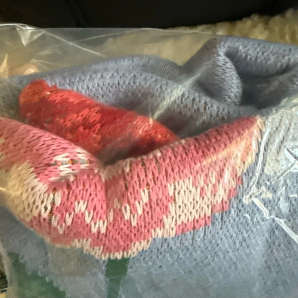 Anthropologie Pale Blue Rose & Heart Knit Throw with Tan Border